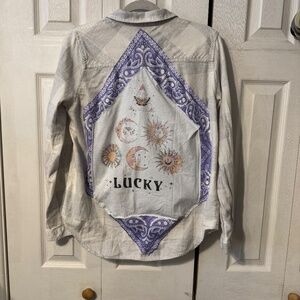 Lucky Celestial  Back Piece Upcycled Graphic T-Shirt & Flannel - Women’s Medium